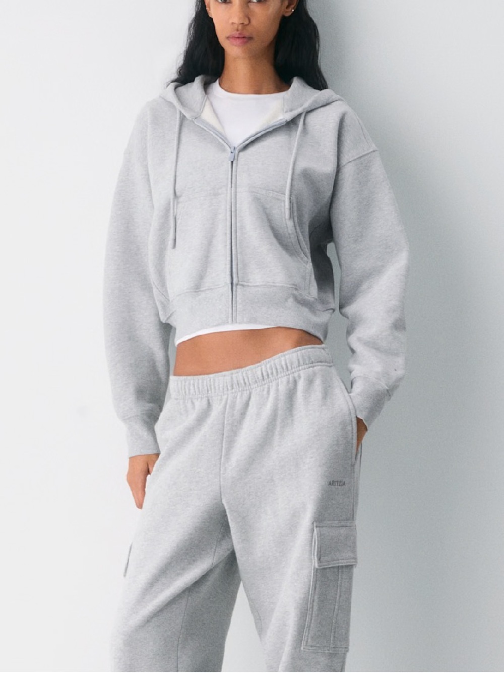 TNA Light Gray Cropped Zip Hoodie